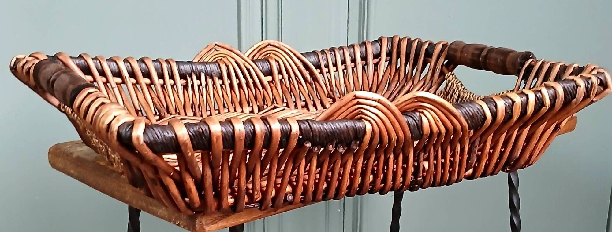 Rectangular wicker basket tray, rope & wood