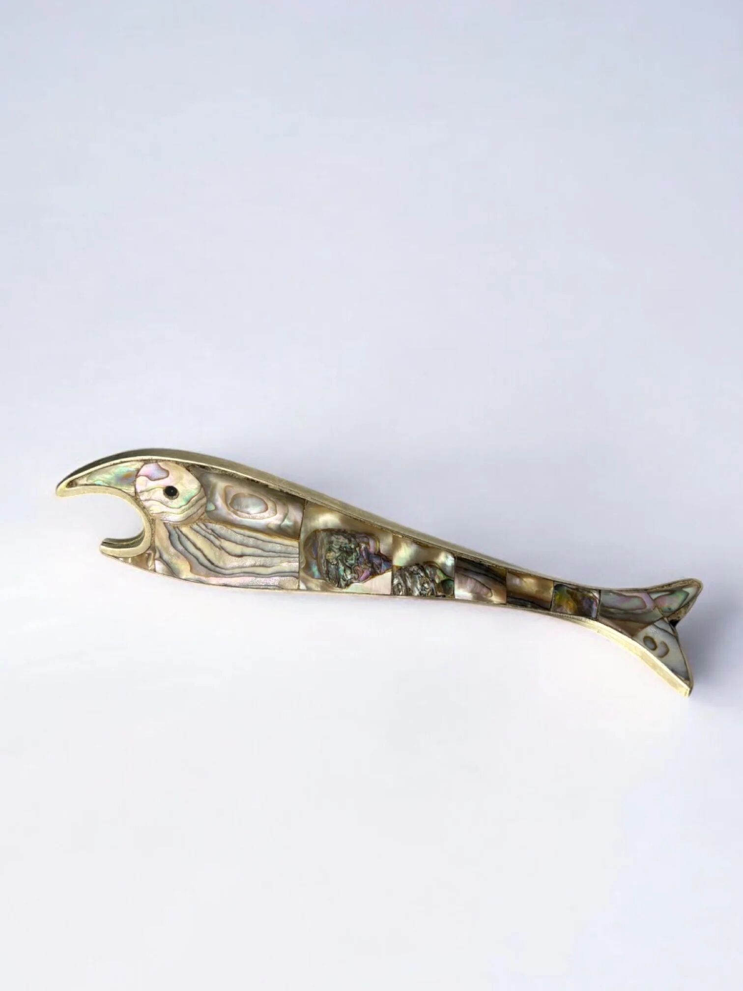 Fish bottle opener, abalone shell & alpaca, Mexico, circa 1980