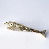 Fish bottle opener, abalone shell & alpaca, Mexico, circa 1980