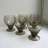Set of 6 small art deco design wine glasses in smoked glass 30-40s