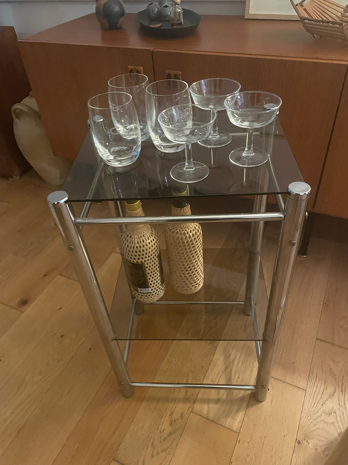 Chrome metal and glass side table