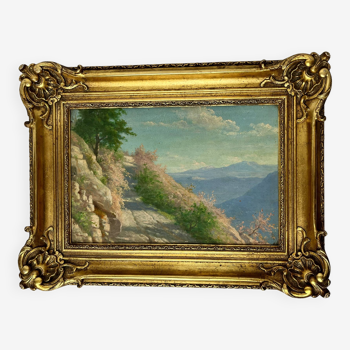 Huile sur panneau paysage encadrement style Louis XVI début XXème