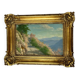 Oil on panel landscape frame Louis XVI style early 20th century