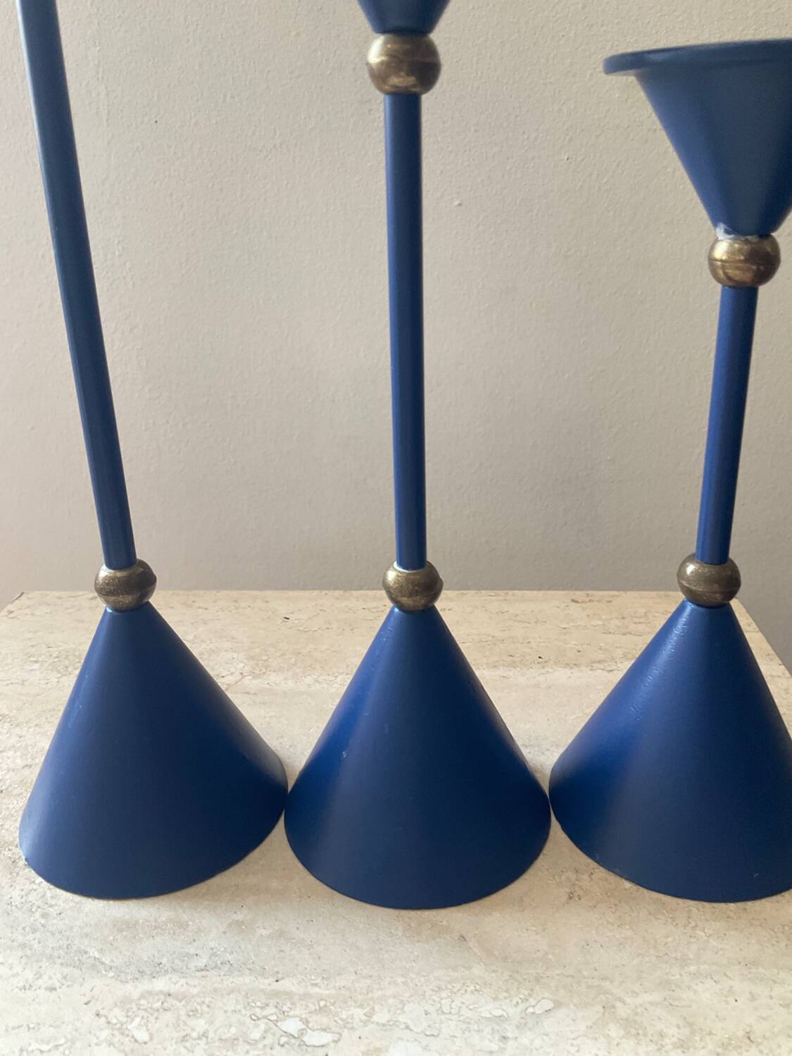 Series of 6 diabolo candlesticks in blue metal from the 80s