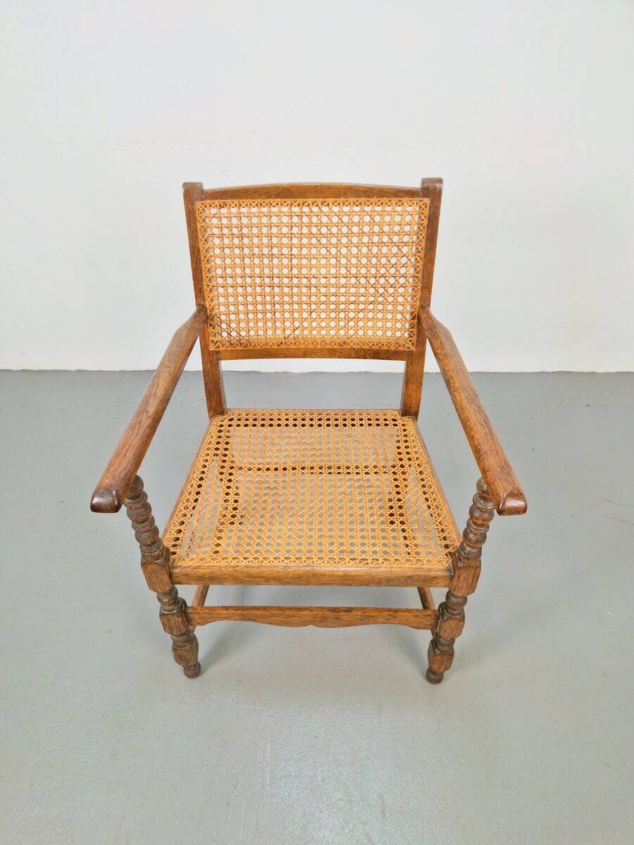 Arts & Crafts Dutch Spool Chair in Oak and Rattan, 1930s