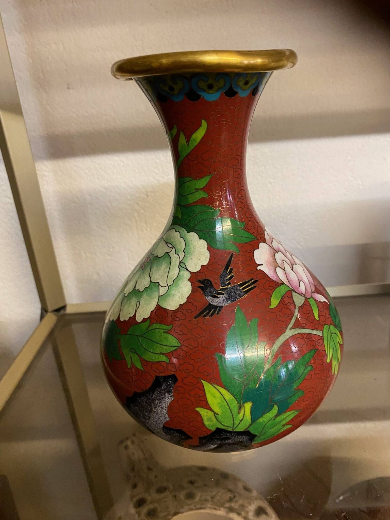 CLOISONNE VASE WITH LOTUS FLOWERS DECOR IN BURGUNDY TONES