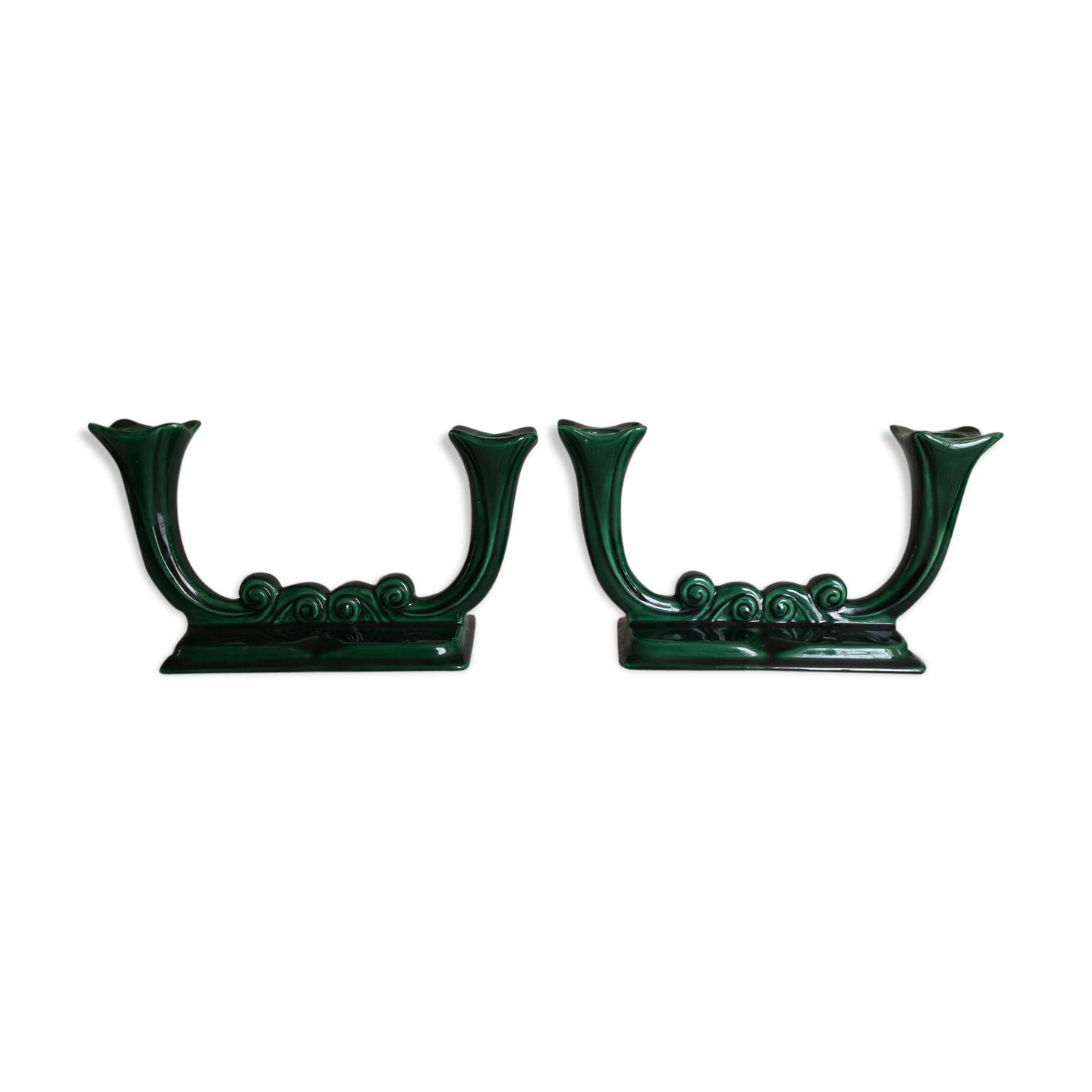 Pair of candlesticks emerald green earthenware 50