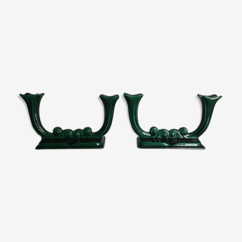 Pair of candlesticks emerald green earthenware 50