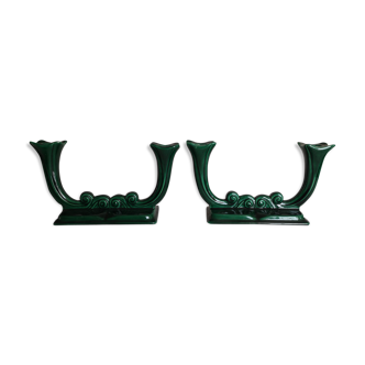 Pair of candlesticks emerald green earthenware 50
