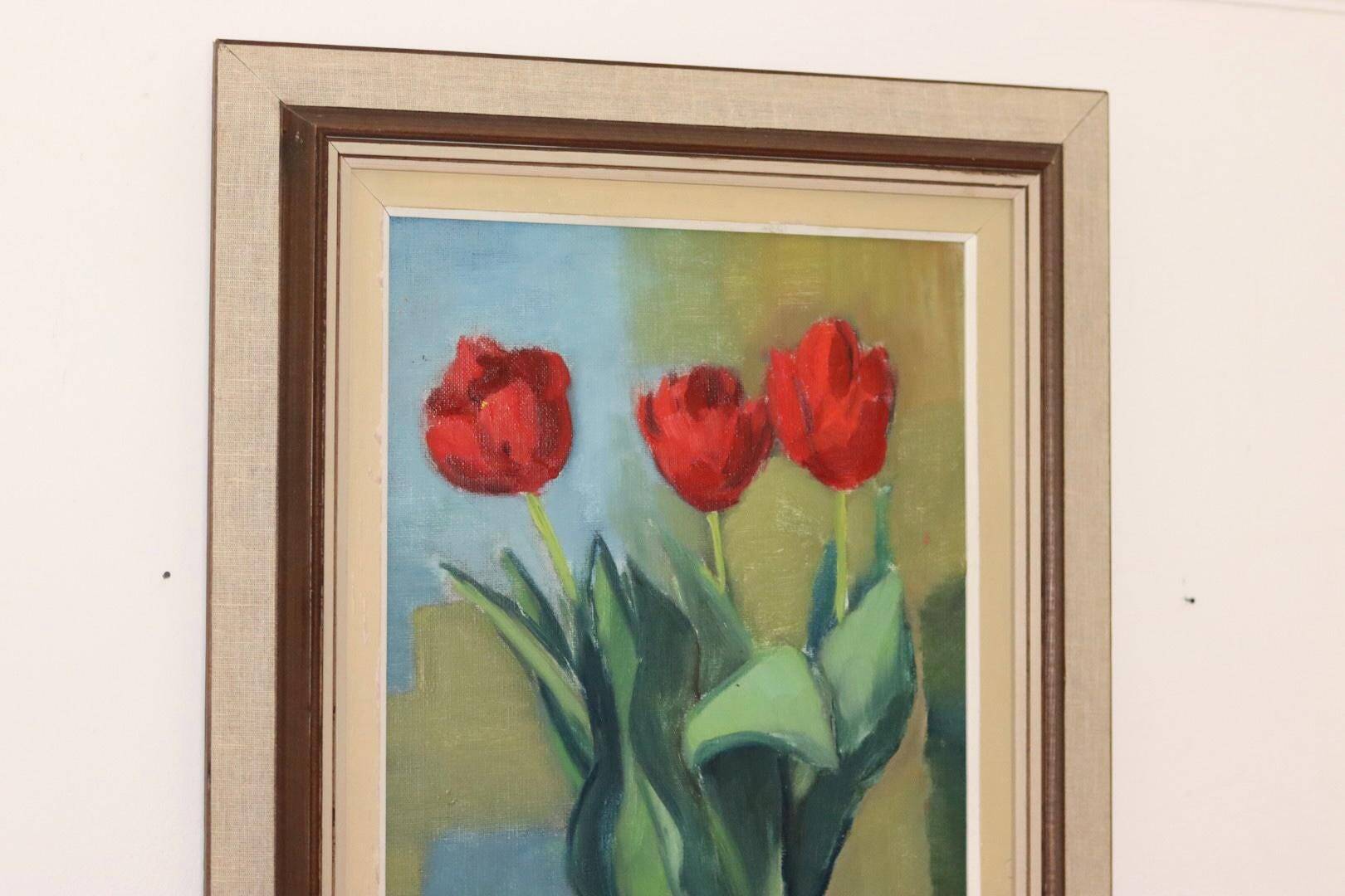 1970's Large Swedish Mid-Century Oil On Board Painting" Still life Tulips " by Hugo Olsson