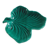 empty pocket cup leaf shape green ceramic slip, some chips on one edge