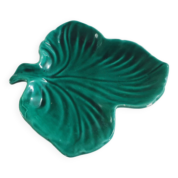 empty pocket cup leaf shape green ceramic slip, some chips on one edge