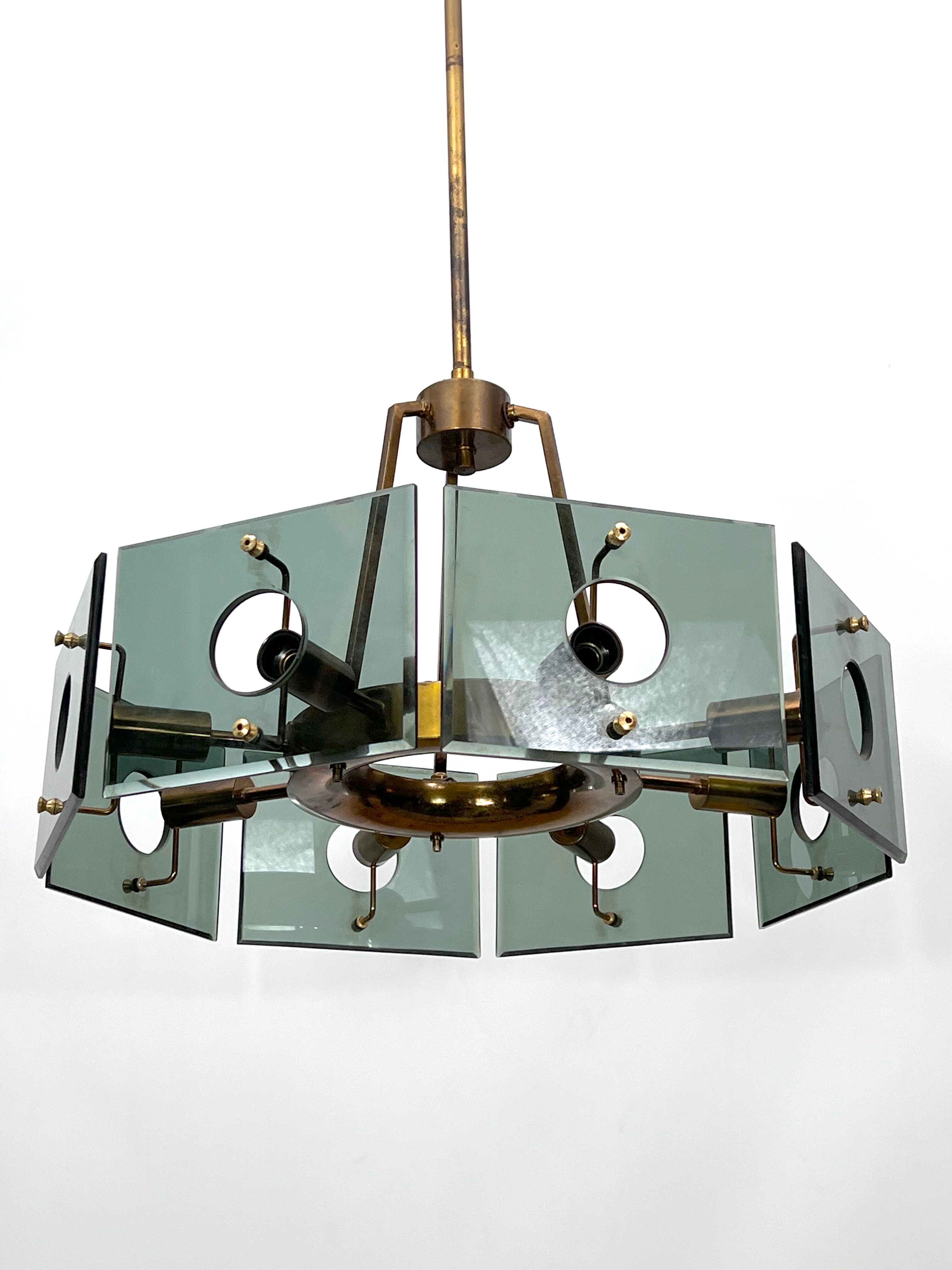 Gino Paroldo, modernist brass and smoked glass chandelier, Italy 1960s