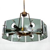 Gino Paroldo, modernist brass and smoked glass chandelier, Italy 1960s