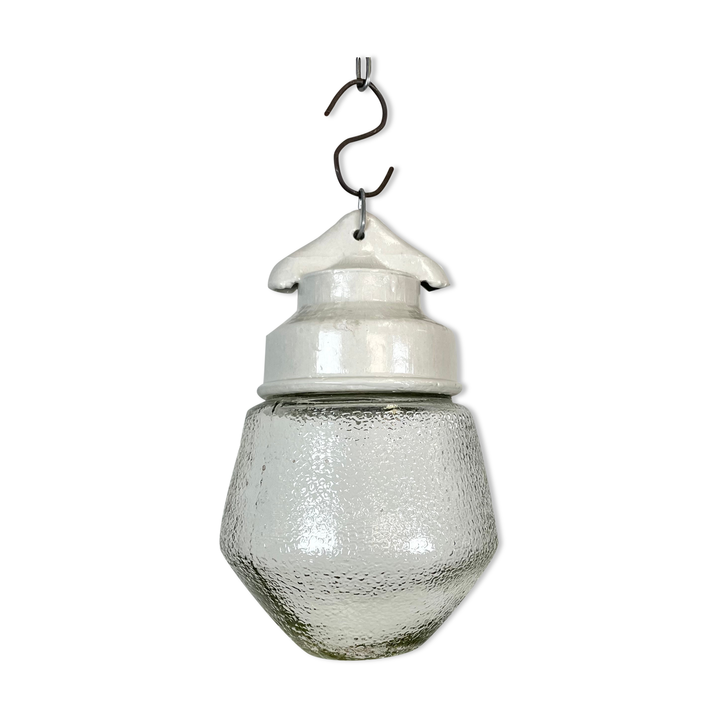 Industrial White Porcelain Pendant Light with Frosted Clear Glass, 1970s