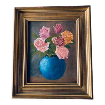 Oil on panel bouquet of flowers framed and signed