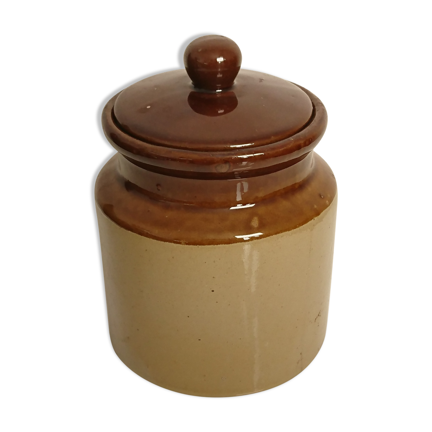 Beige and brown mustard pot
