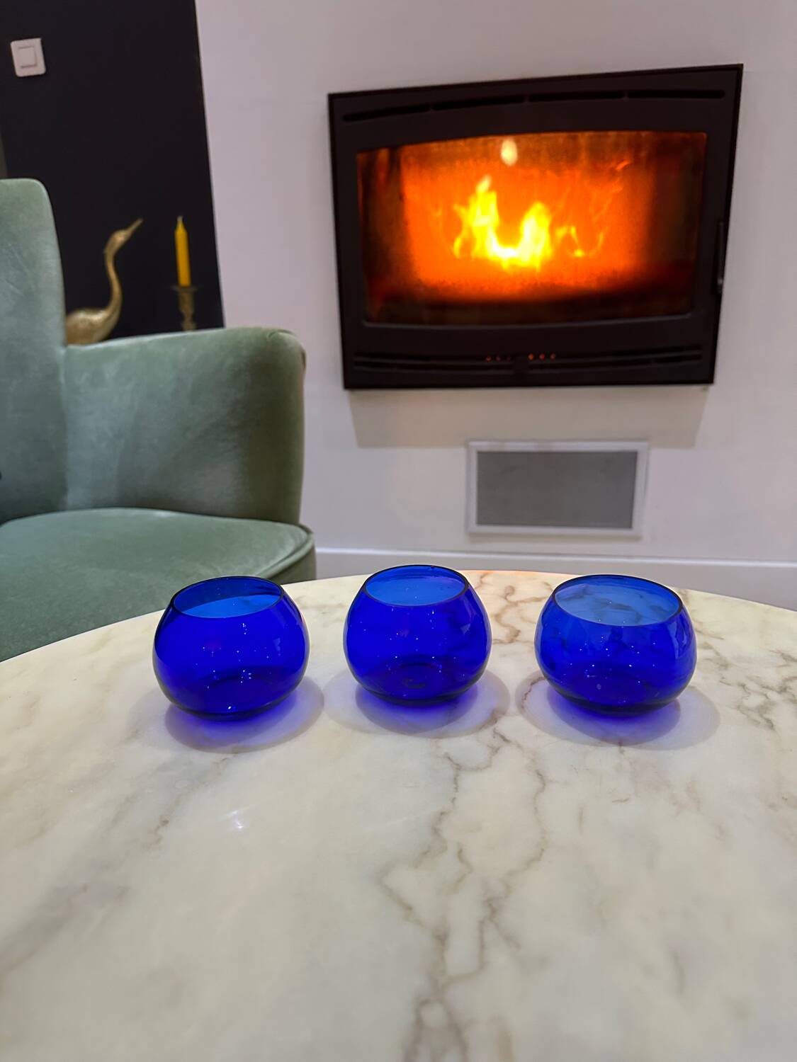 Set of 3 blue glass candle holders