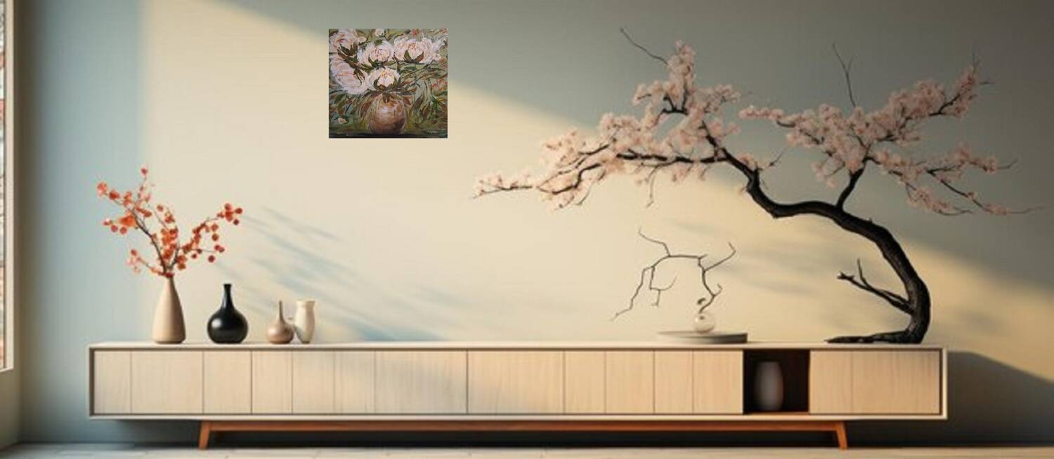 Original signed peony flower bouquet painting with its certificate