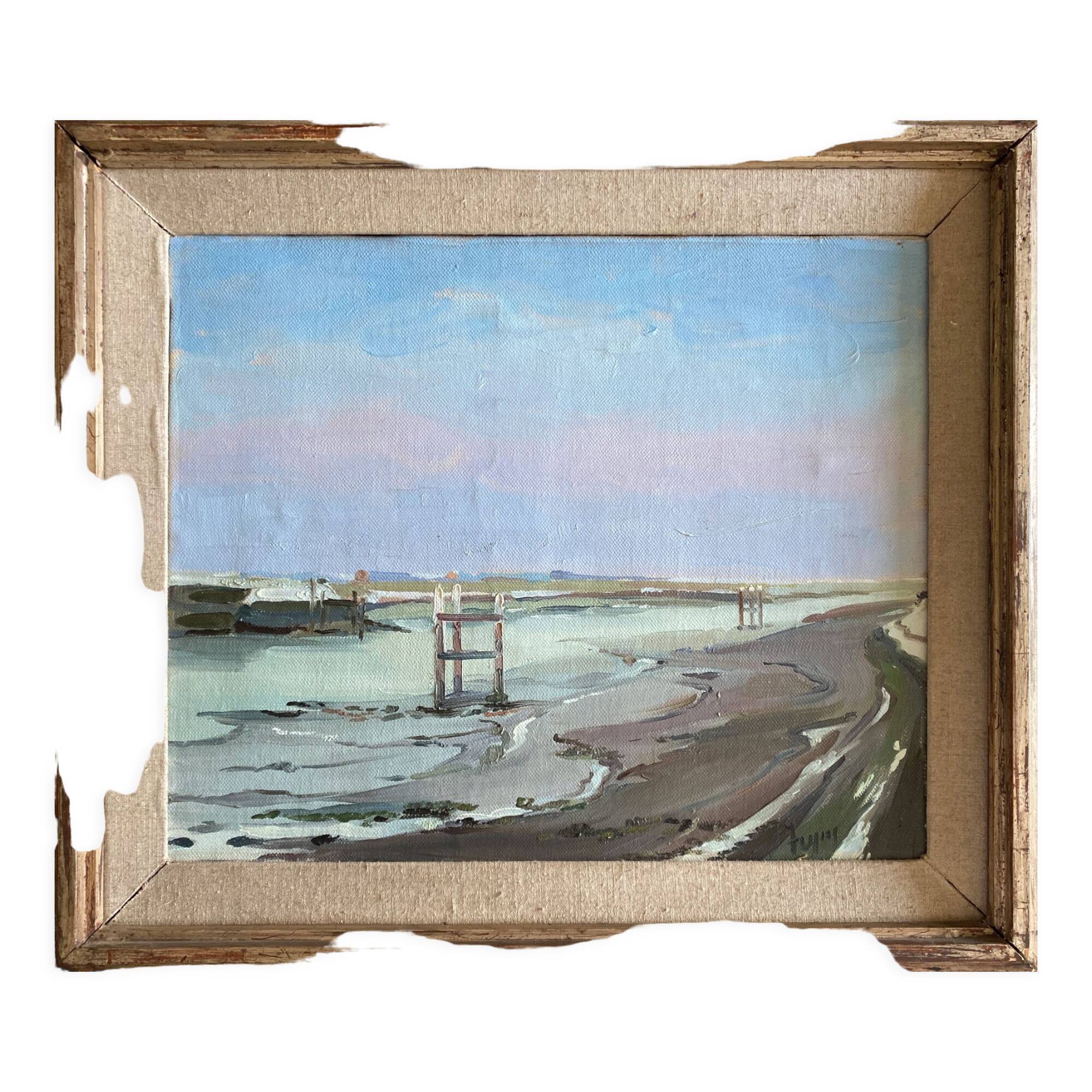 Painting "La Lagune" Marine Seaside signed and frame