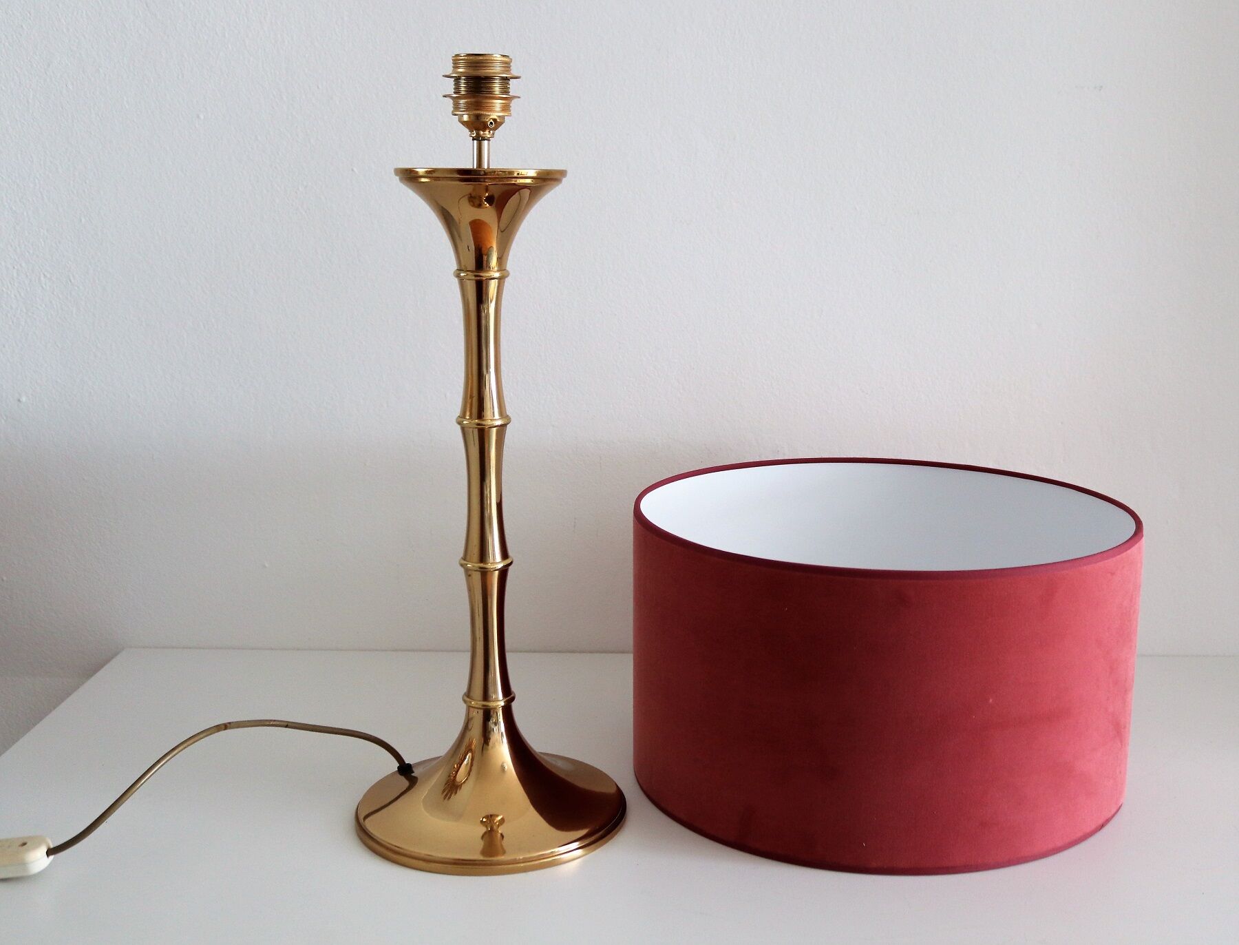 Brass bamboo table lamp by Ingo Maurer with velvet lampshade, 1960