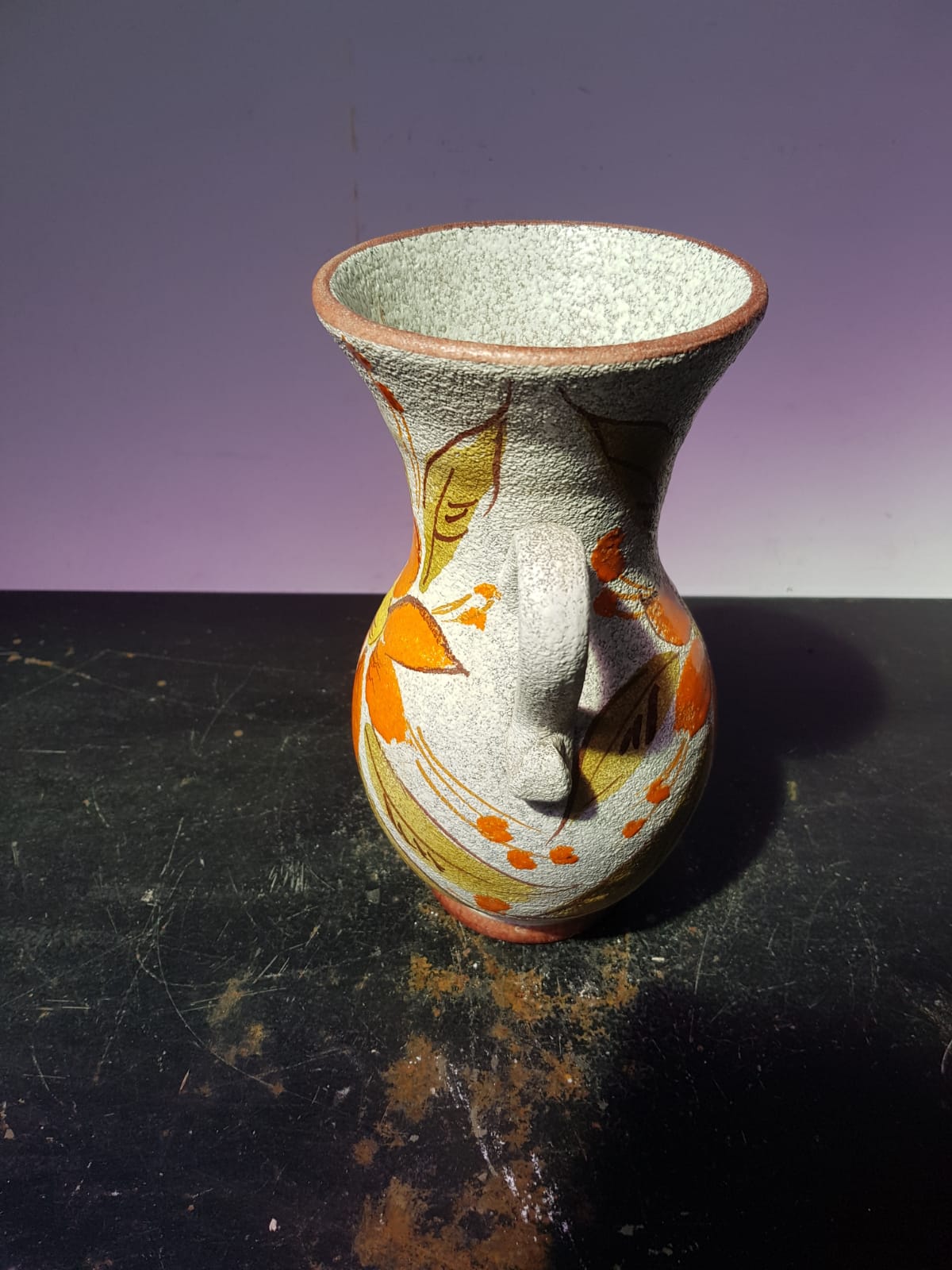 Old vase with enamelled ceramic coves décor flowers made in italy vintage