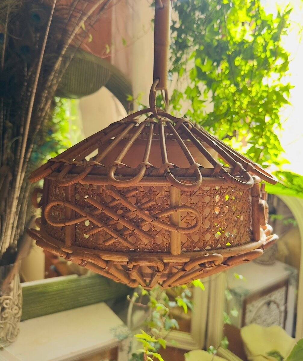 Suspended lamp in bamboo and rattan with chinoiserie details by Louis Sognot, 1950.