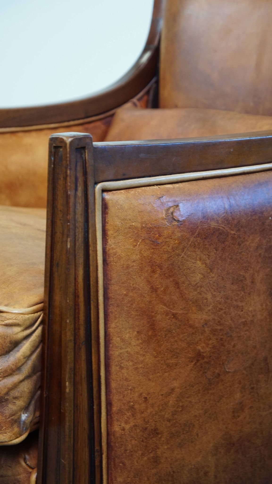 Cognac-Colored Sheepskin Leather Art Deco Design Chair Combined with Wood