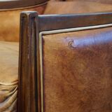 Cognac-Colored Sheepskin Leather Art Deco Design Chair Combined with Wood