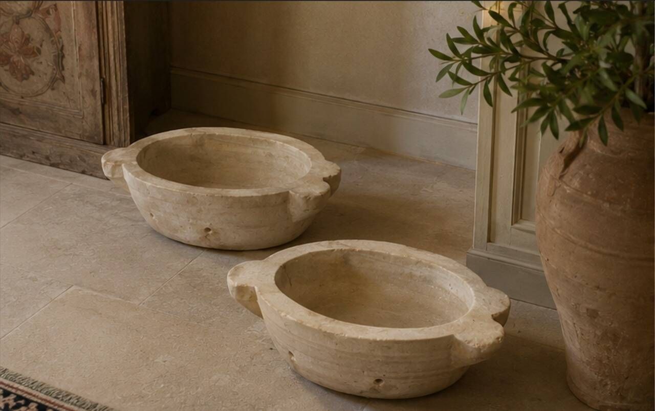 Antique Italian Hand-Carved Marble Basins, Early 20th Century