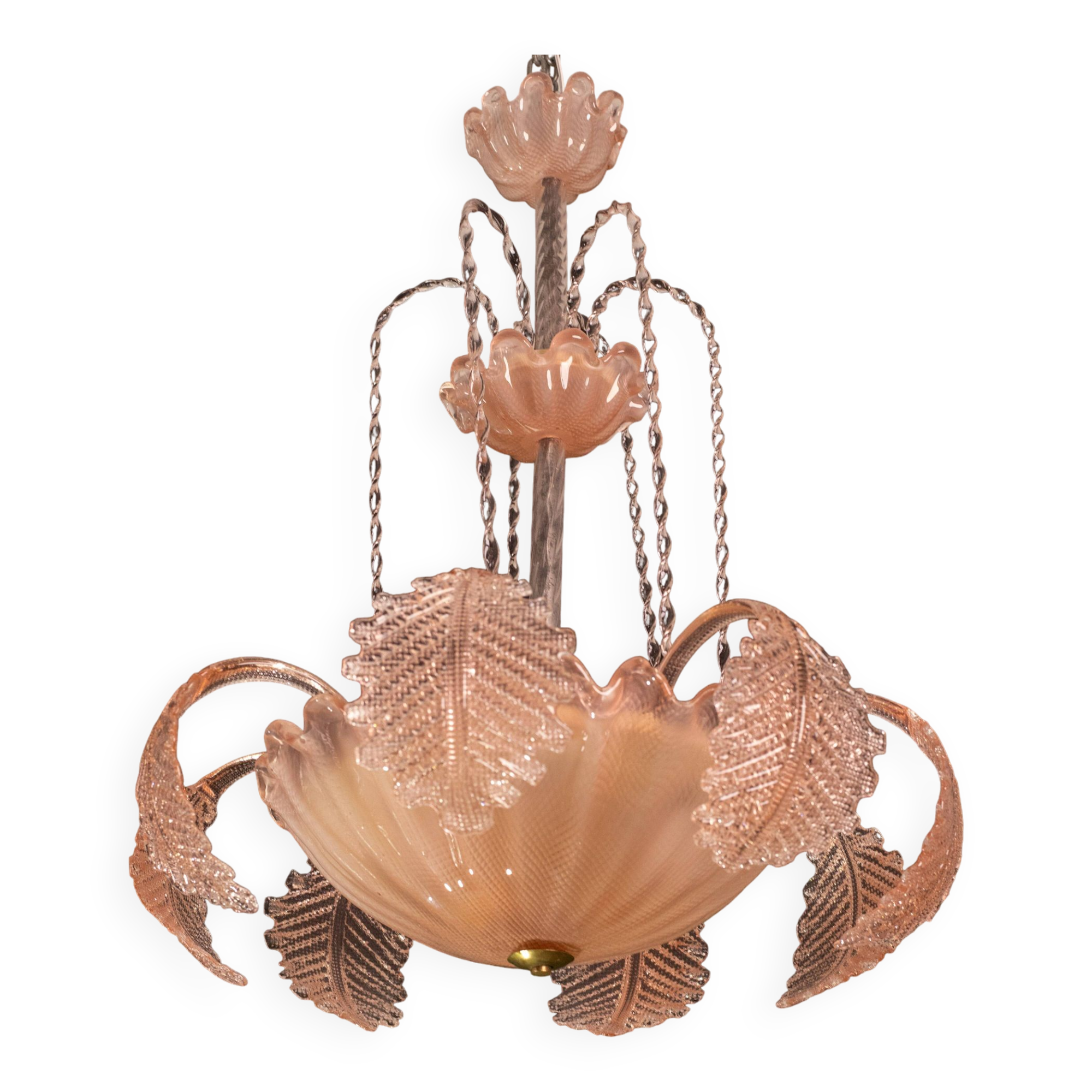 Pink Art Decò Barovier e Toso "Fountain" Pendant Light, Murano Glass, 1940s