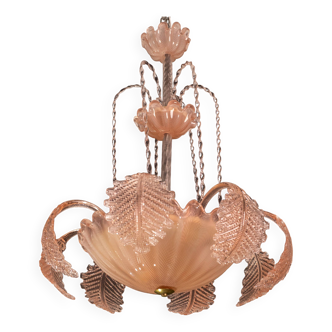 Pink Art Decò Barovier e Toso "Fountain" Pendant Light, Murano Glass, 1940s