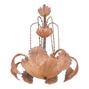 Pink Art Decò Barovier e Toso "Fountain" Pendant Light, Murano Glass, 1940s