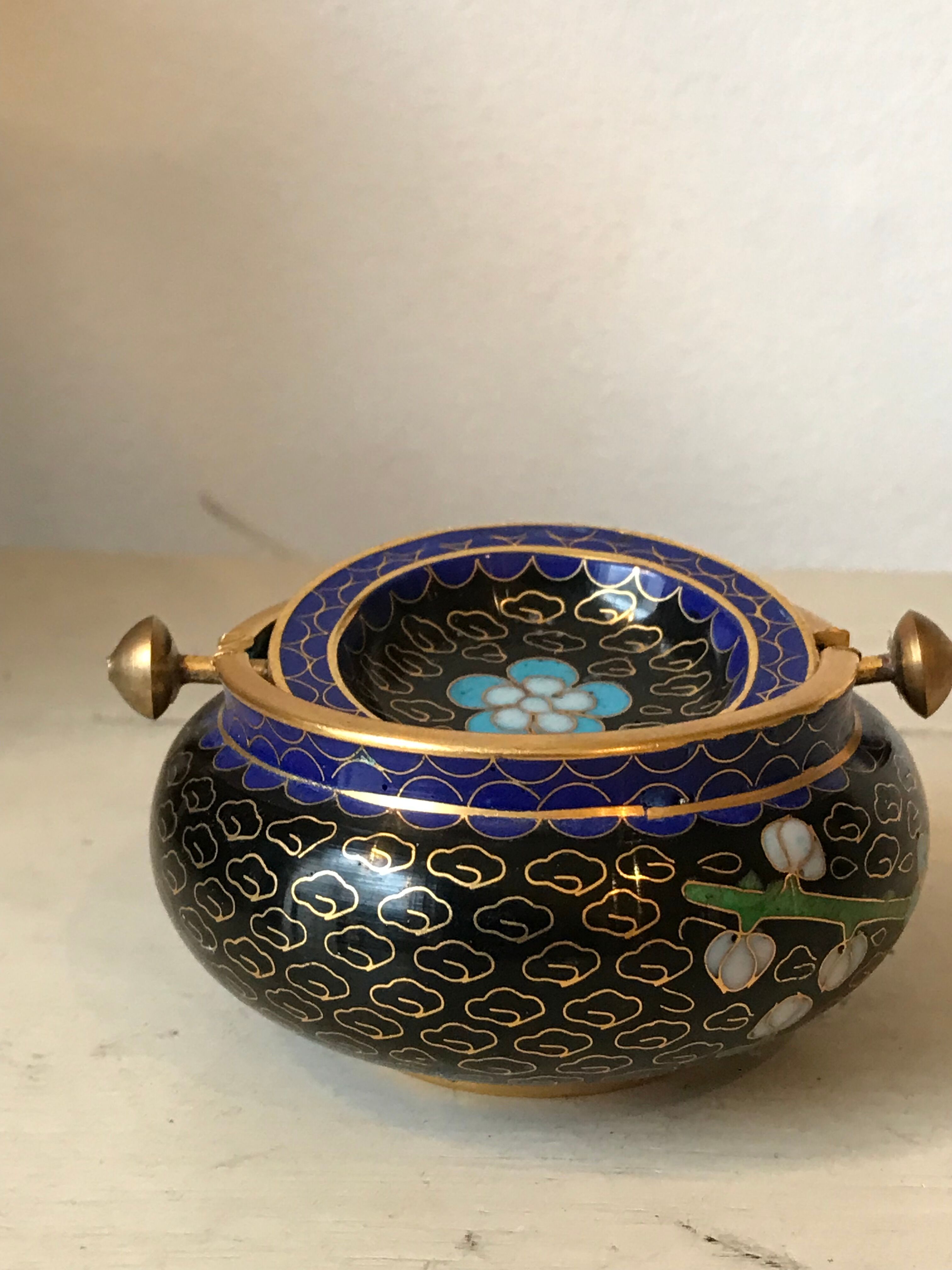 Ashtray burns incense in bronze enamelled floral decoration forget-me-not tones blue and black