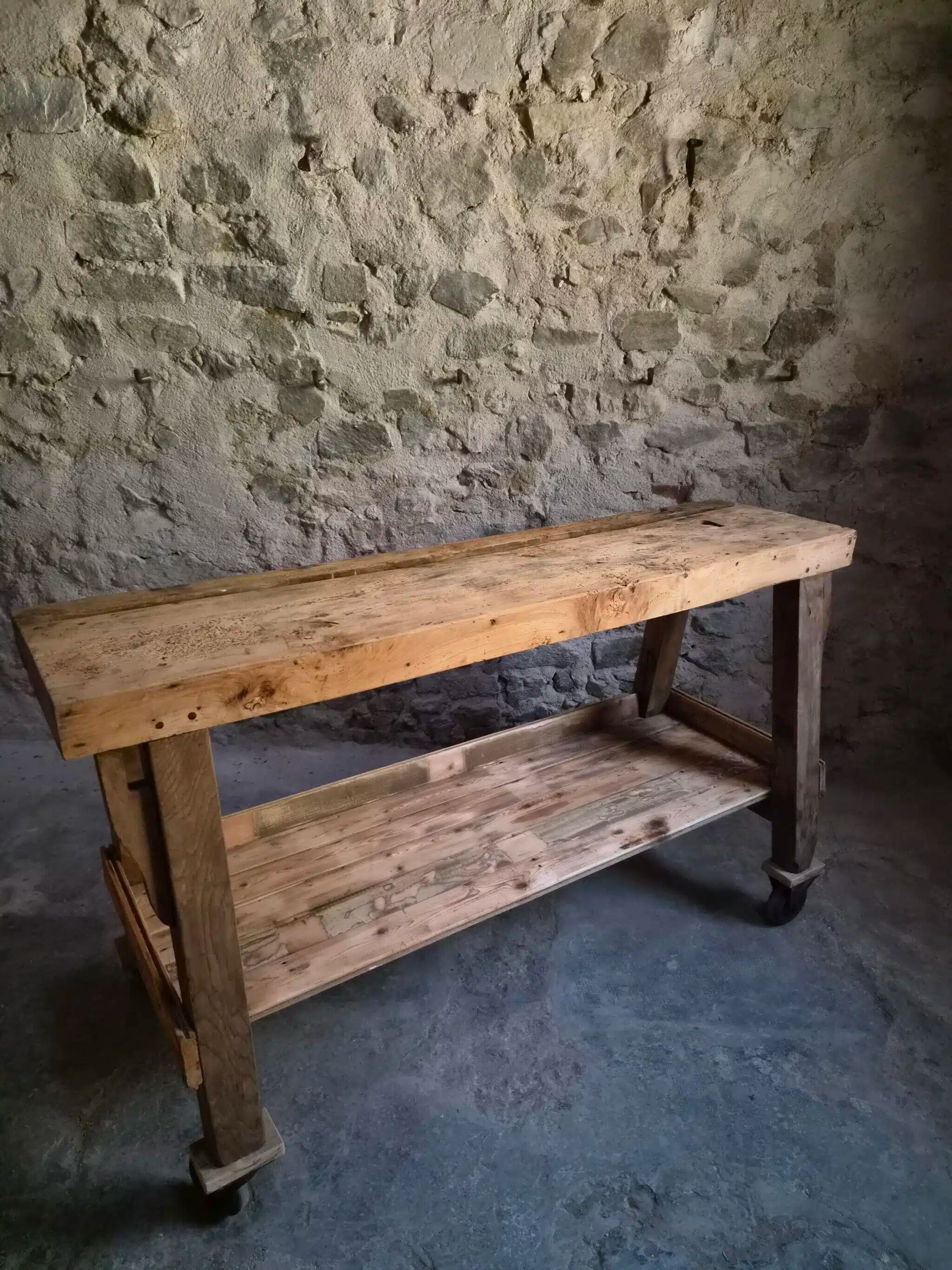 French industrial kitchen island, antique work table in chestnut and oak, circa 1900.
