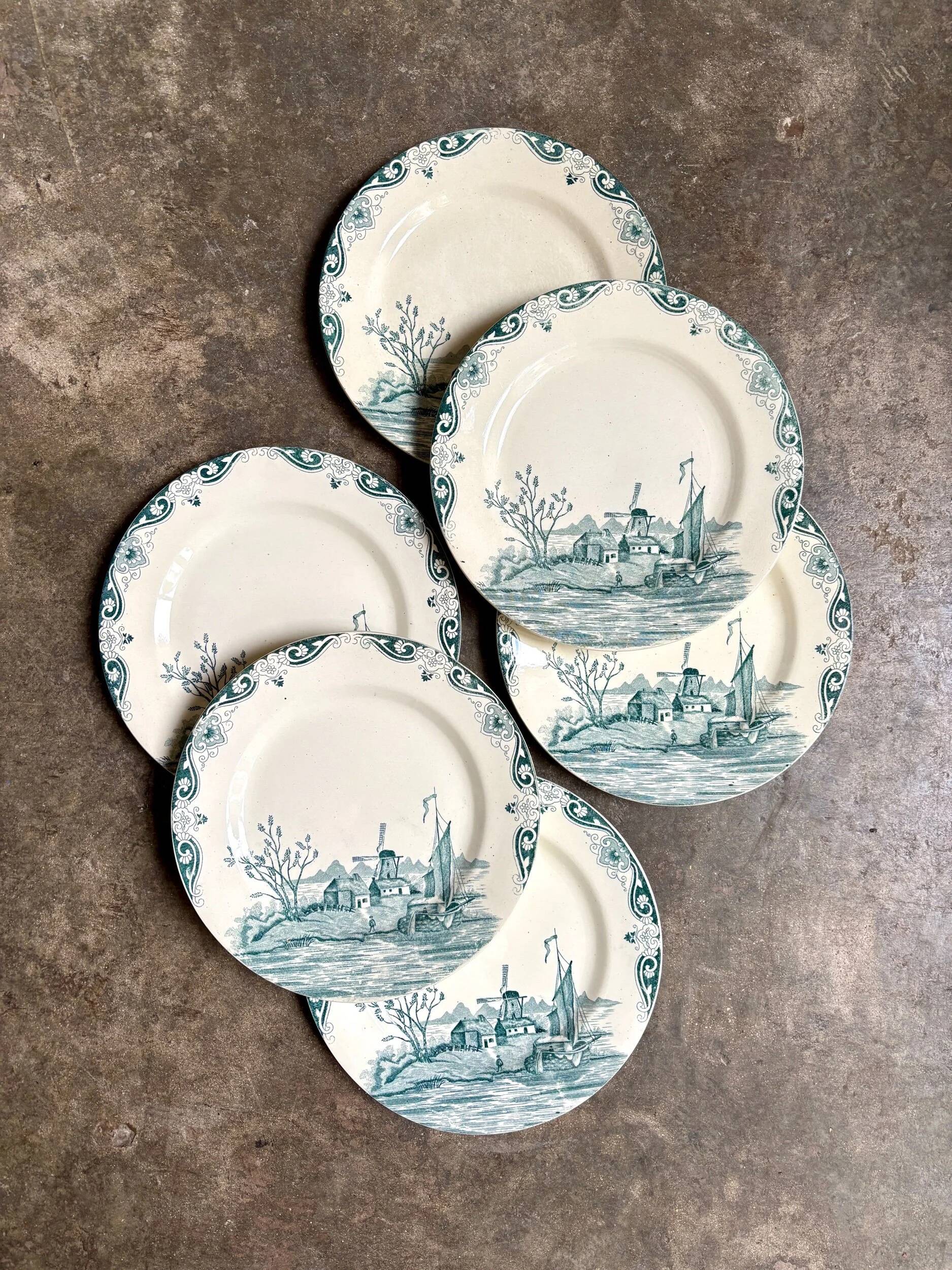6 assiettes plates n°2 Salins en terre de fer, service "Delft"