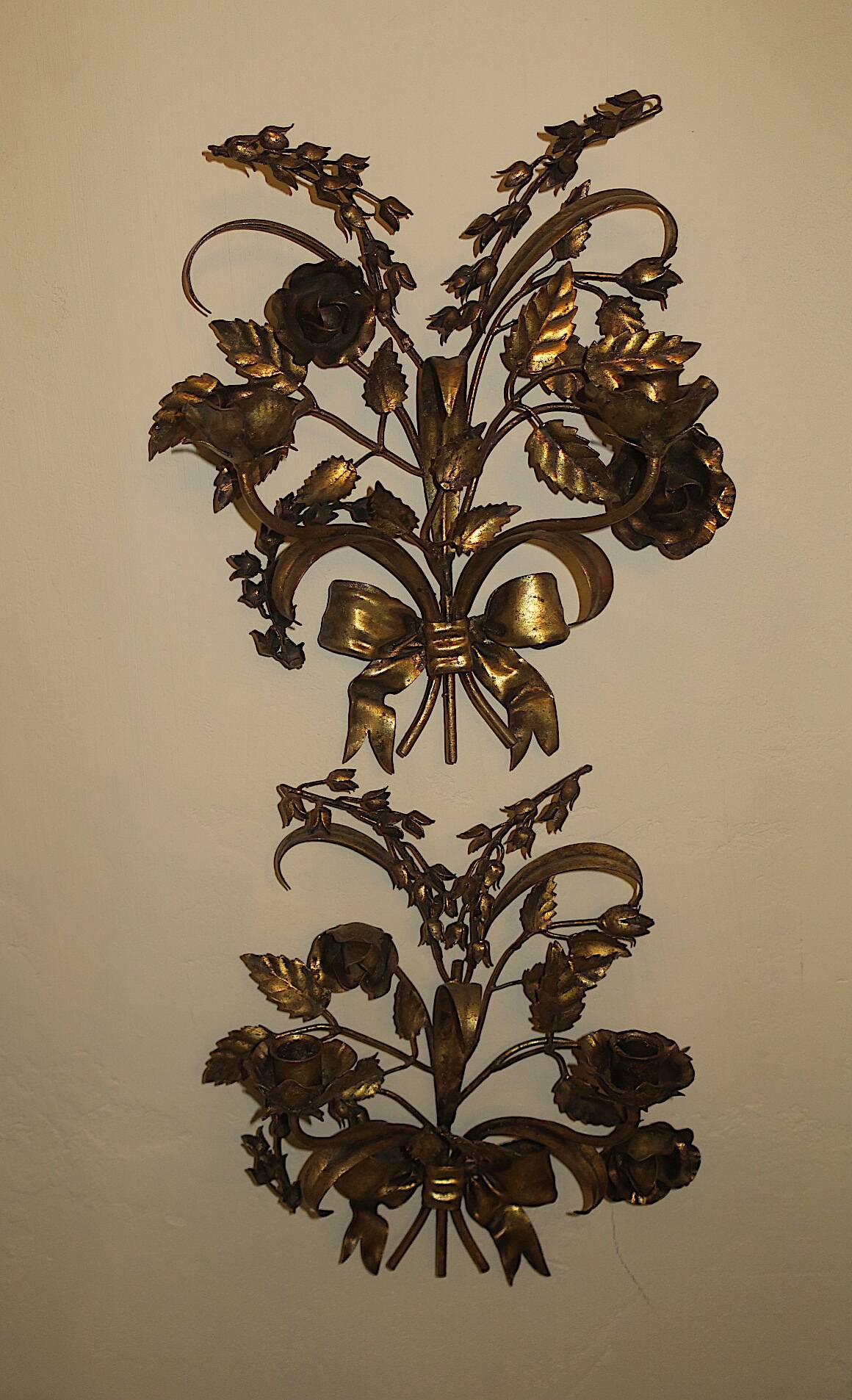 Pair of gold plated wall double candleholders with roses by Hans Kögl, 1960