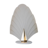 Lampe de table vintage XXL en verre de Murano avec abat-jour en feuille blanche givrée et base en métal doré – Italie années 1980