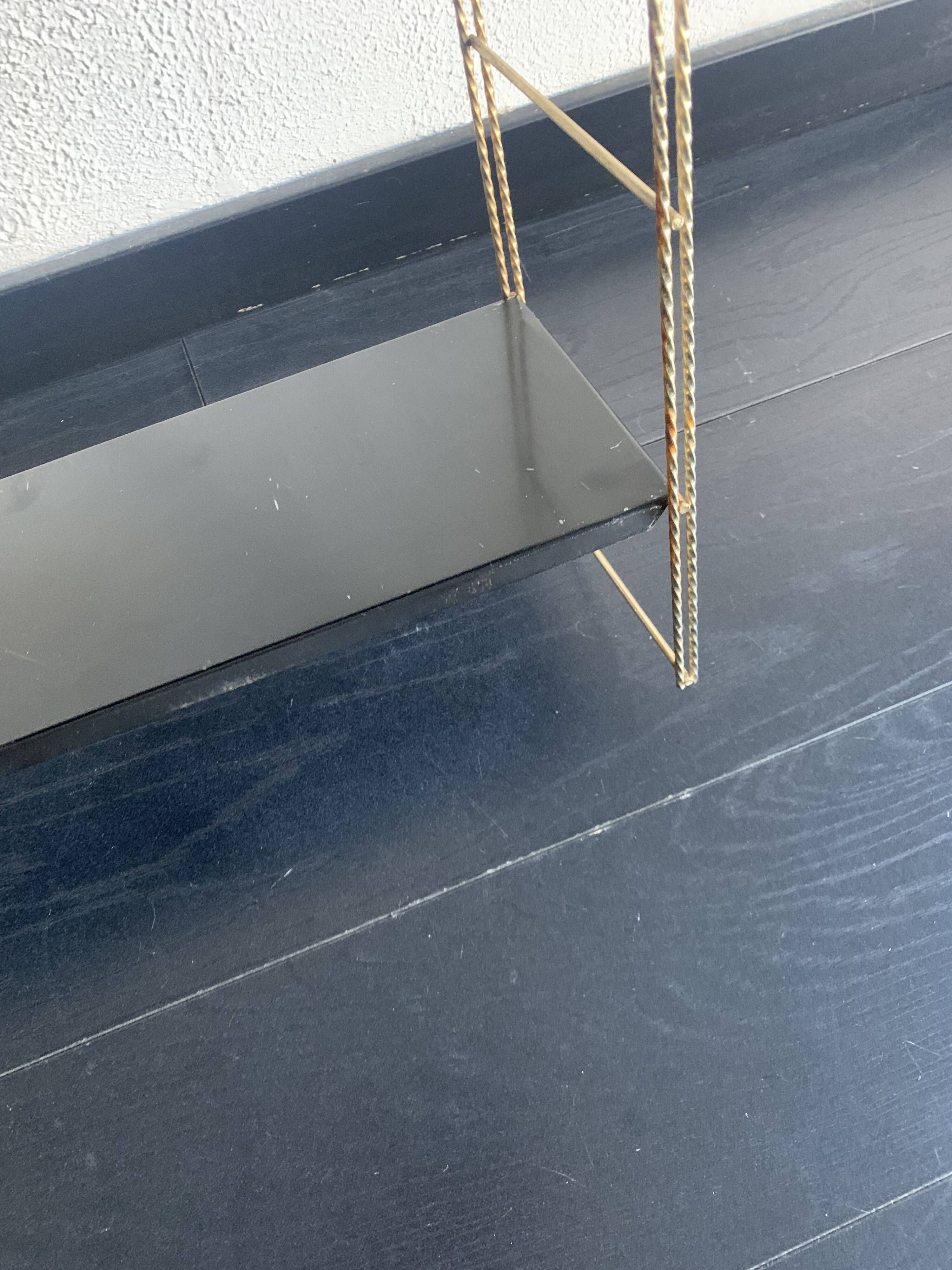 Vintage 1960 String wall shelf black and gold - 60 x 48 cm