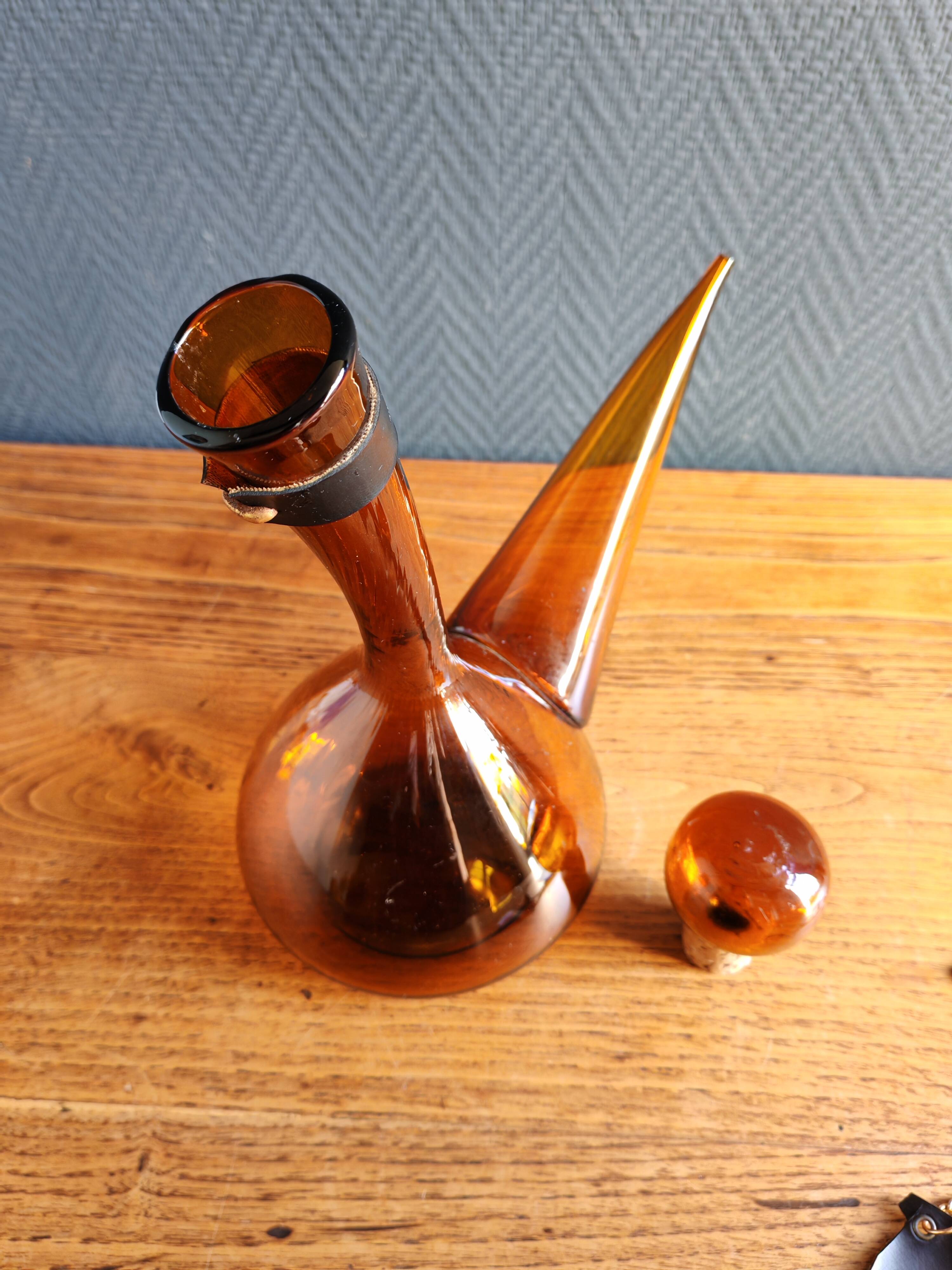 Vintage Amber Glass Wine Carafe - Artisan Decanter in Porron Style