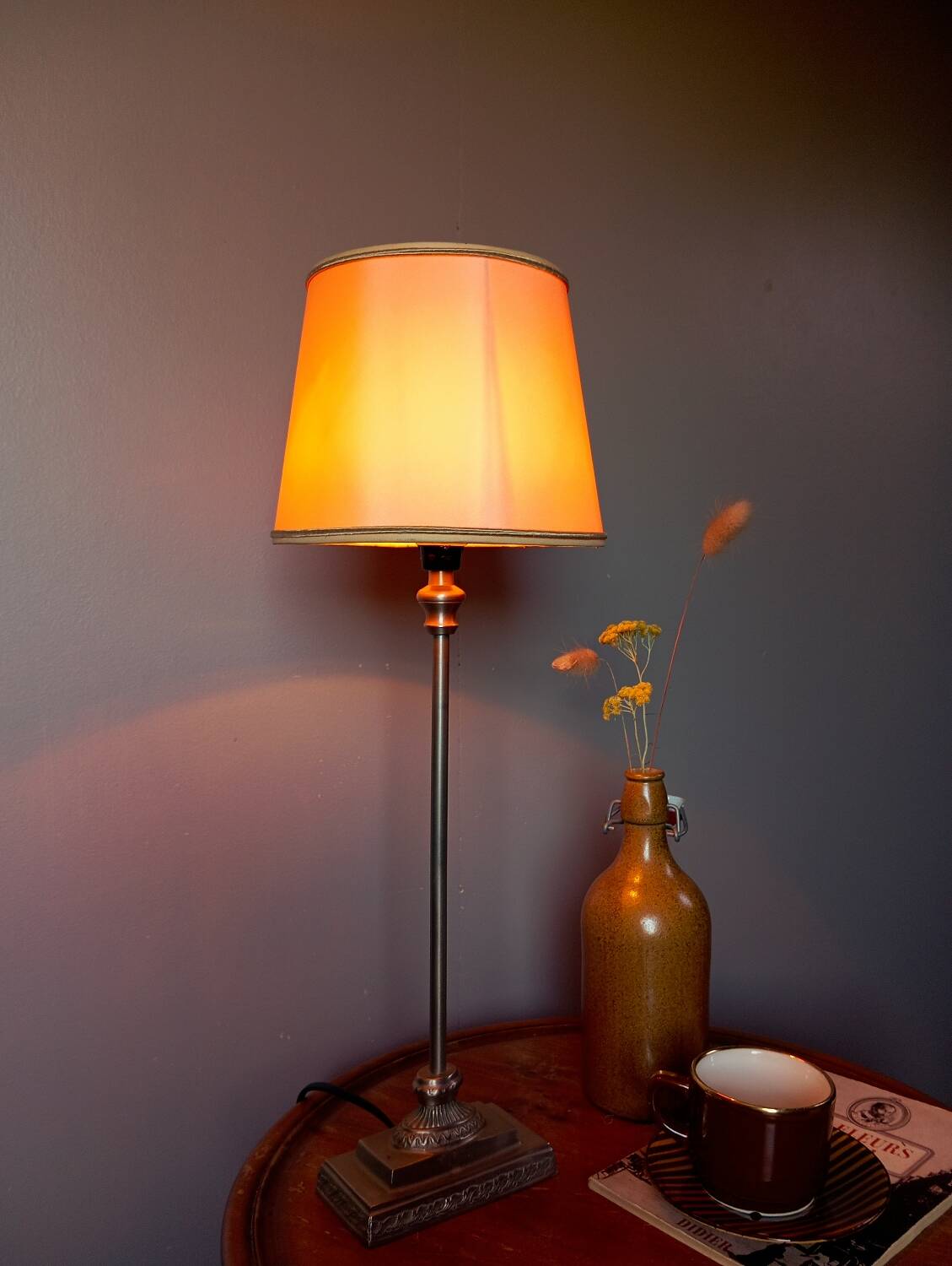 Silver metal living room lamp, cream shade, 1950s