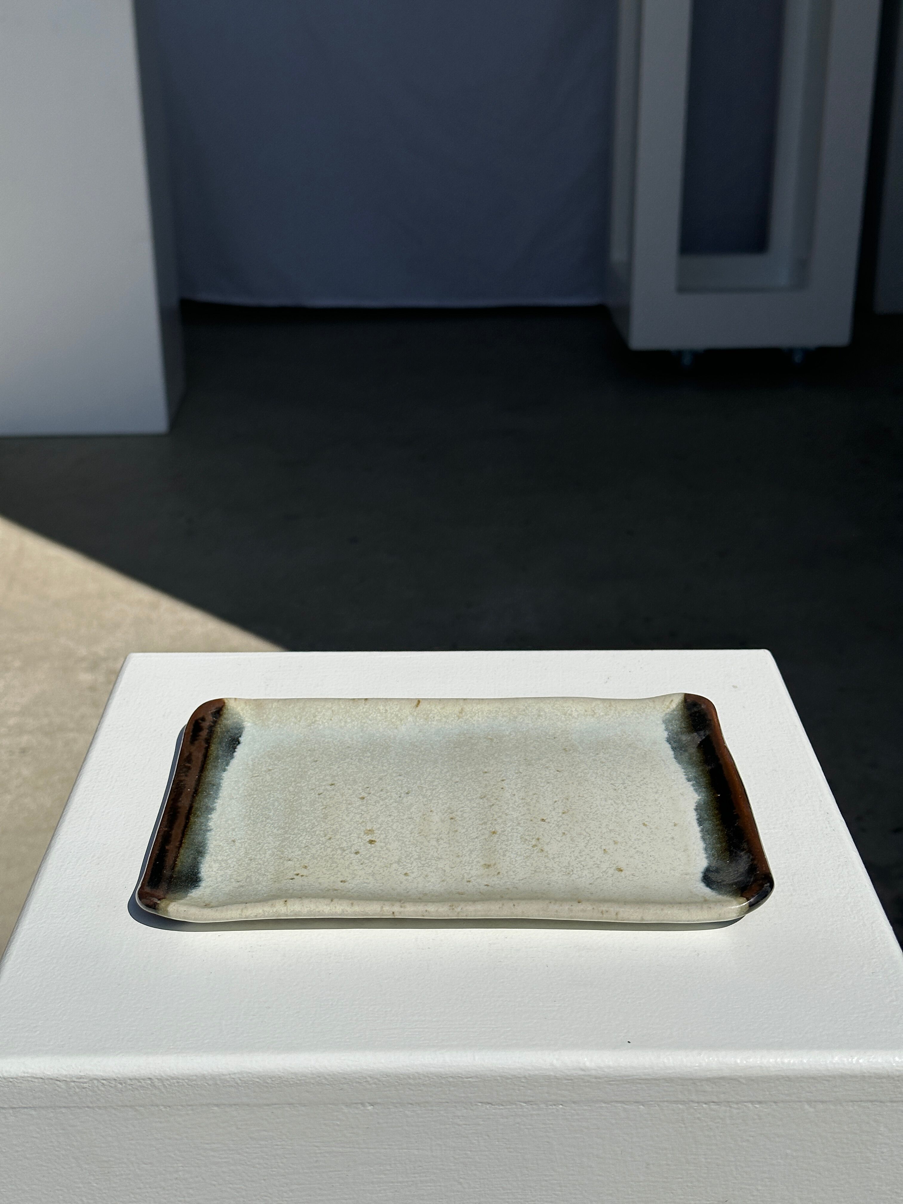 Trio of small rectangular serving dishes white and black Indonesian ceramic 21x16