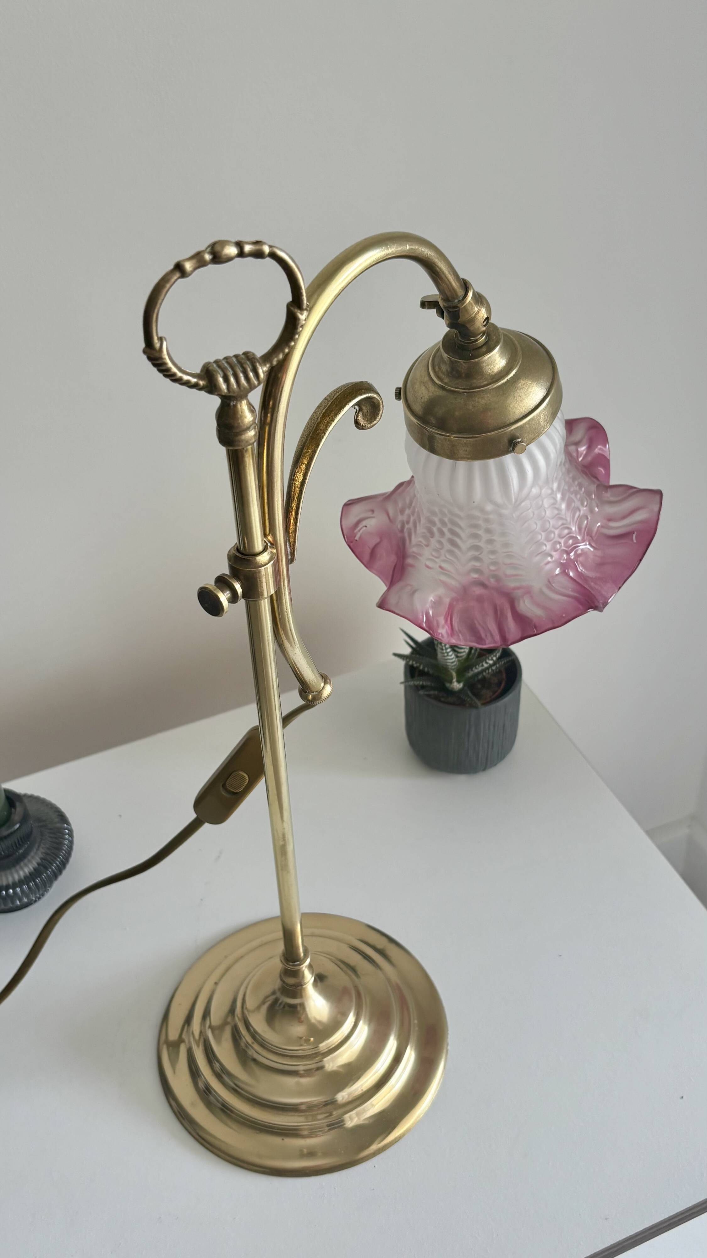 Art Nouveau style lamp in gilded brass and pink opaline tulip