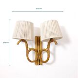 Applique en rotin à 2 feux et ses abat-jour corde, 1960-1970.