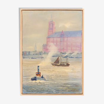 Port de Hambourg, huile sur toile, 53 x 73 cm