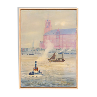 Port de Hambourg, huile sur toile, 53 x 73 cm