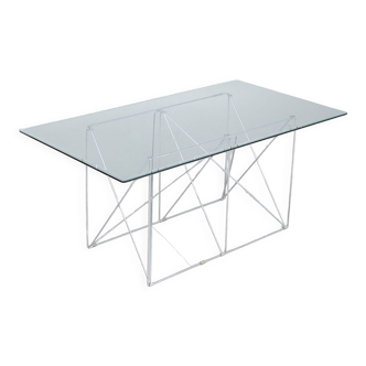 Max Sauze dining table in chrome steel wire and glass 1970s France