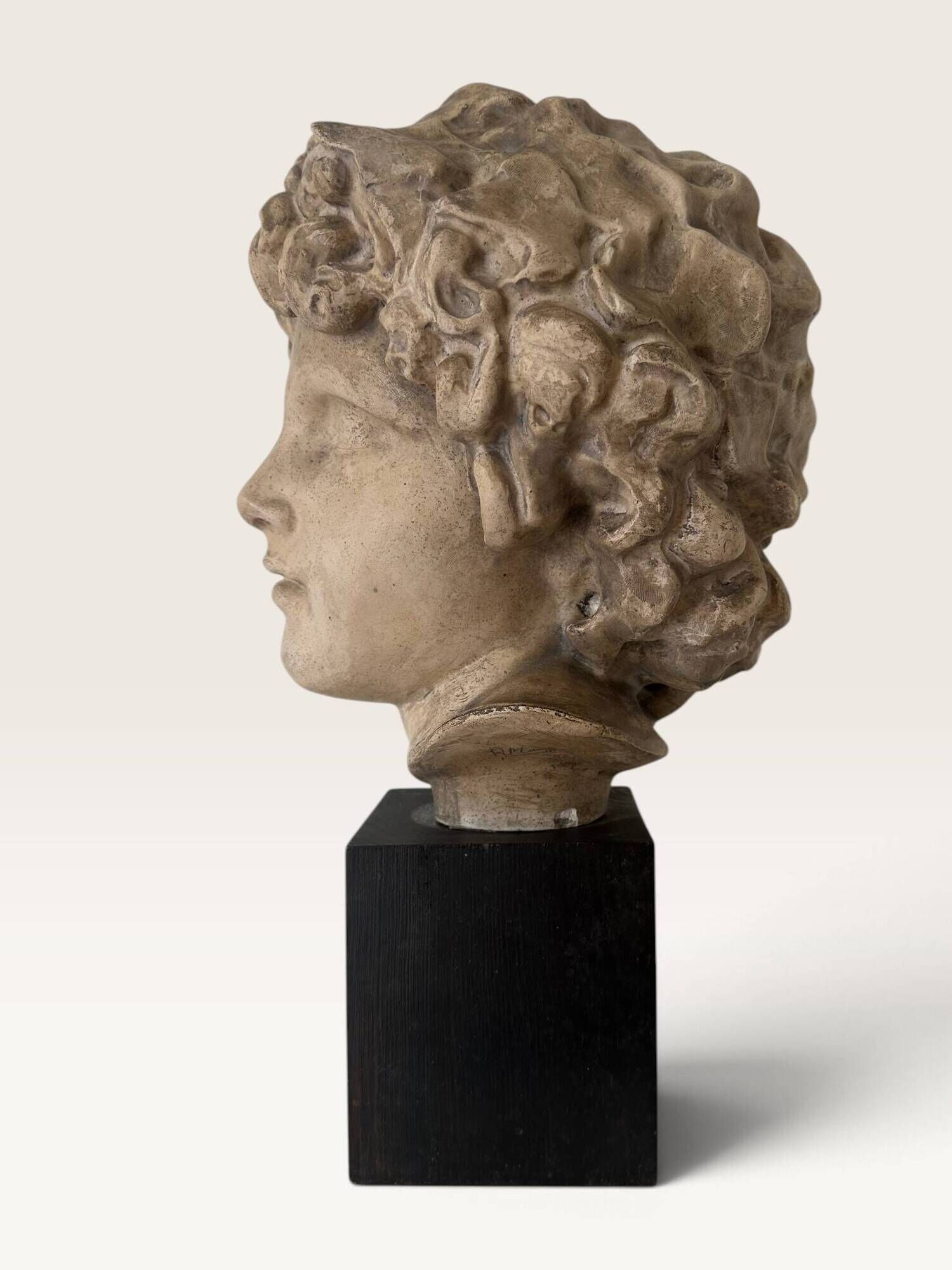 Plaster bust on a wooden base
