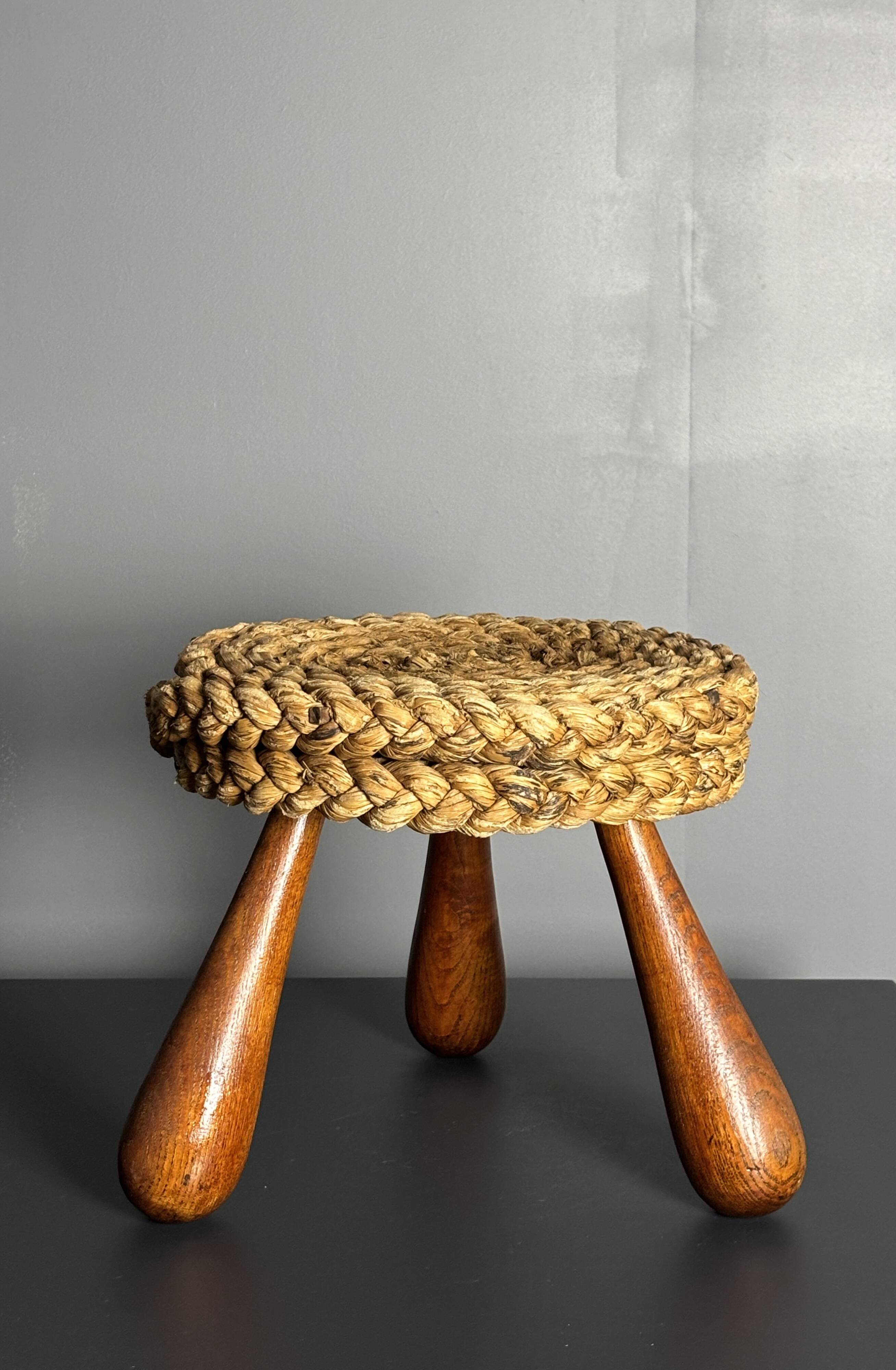 Midcentury French braided rope stool by Audoux & Minet, 1950s
