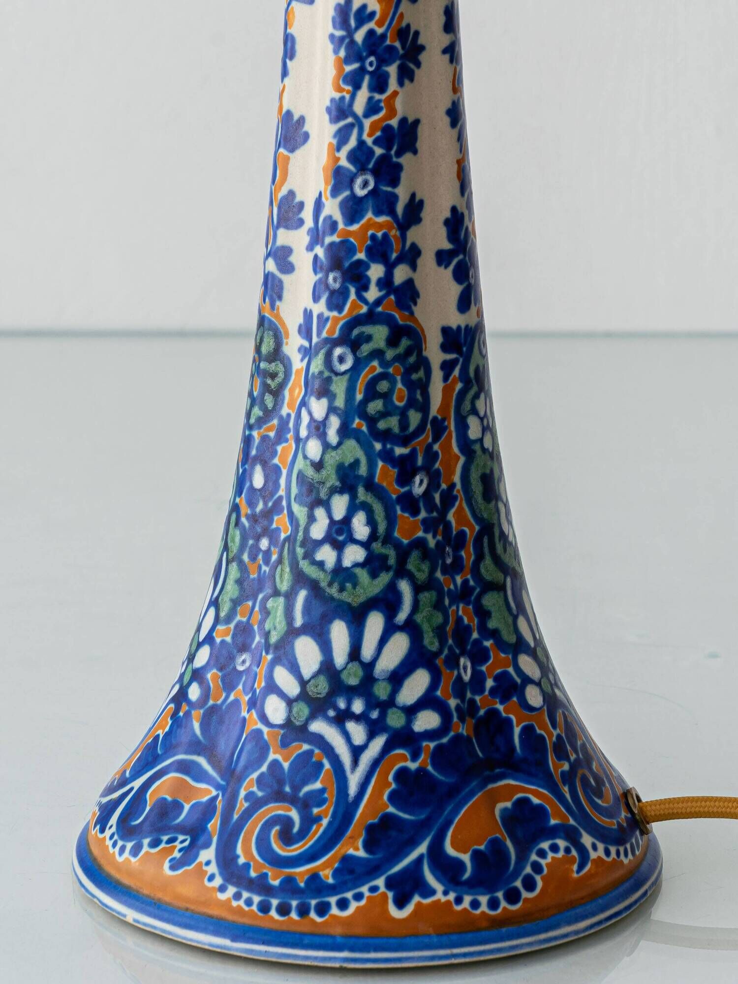 Antique Art Deco Gouda Pottery Table Lamp, c. 1910-35, New Ochre Linen Shade